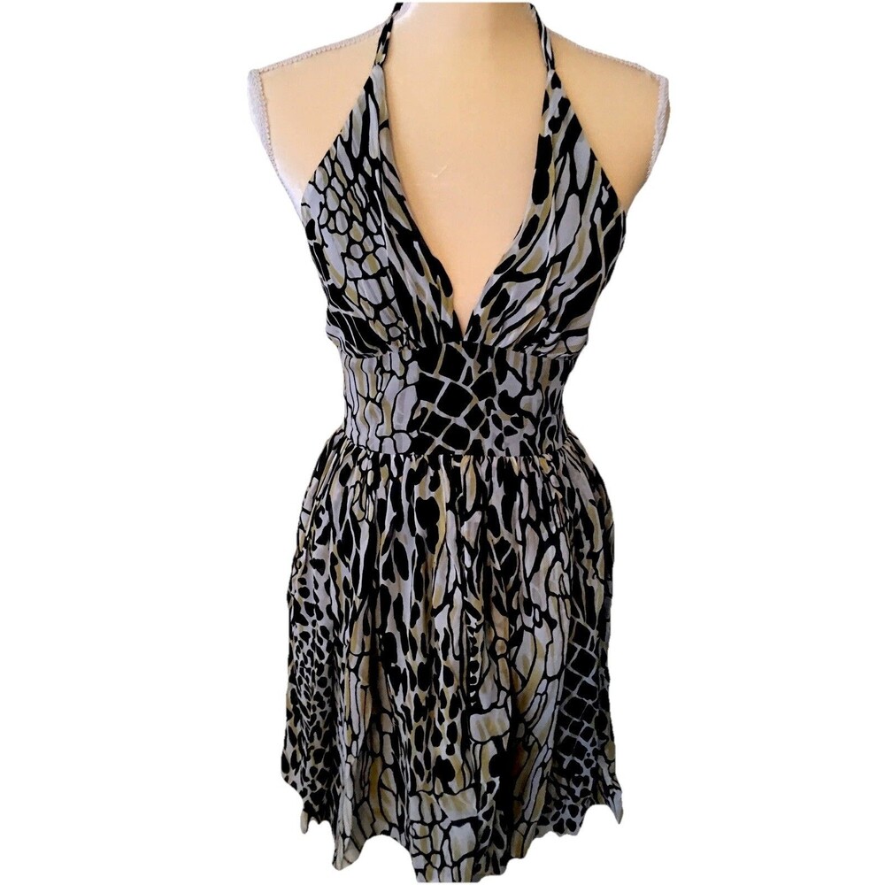Marc Bouwer Glam It! 100% Silk Halter Dress Size 2 Abstract Animal Print